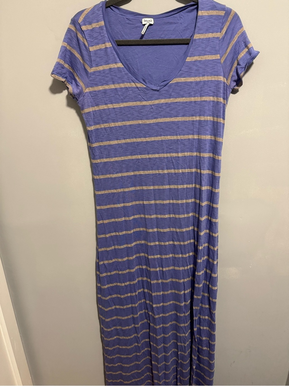Splendid- Blue and Gray Striped Short-Sleeve Maxi Dress. Size L